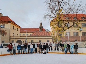 Visitors ice skating at Na Františku outdoor rink in Prague