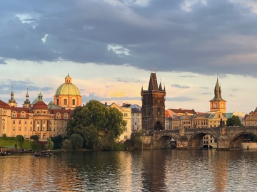 swans relaxing on the Vltava River in Prague