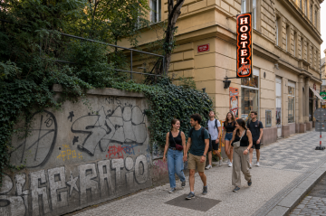 Backpackers going out in Zizkov Prague