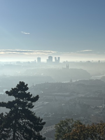 Vyšehrad seen from a path on Petřín Hill