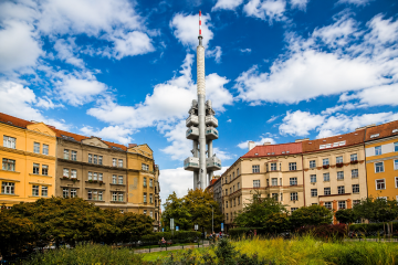 Žižkov Television Tower above Prague neighbourhood streets
